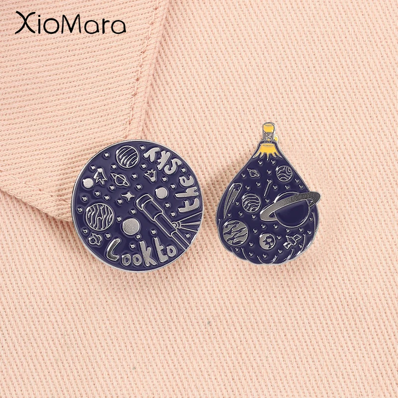 Look To The Stars Enamel Pins Hot Air Balloon Telescope Cosmic Starry Sky Space Planets Brooch Lapel Badges Friends Jewelry Gift