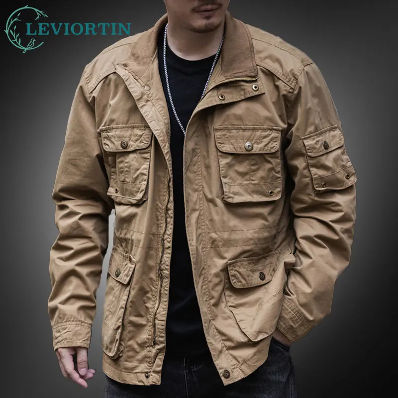 American-style Work Jacket For Men Retro Stand-up Collar Cargo Coats Male Multiple Pockets Outdoor Utility Jackets  Spring Fall
