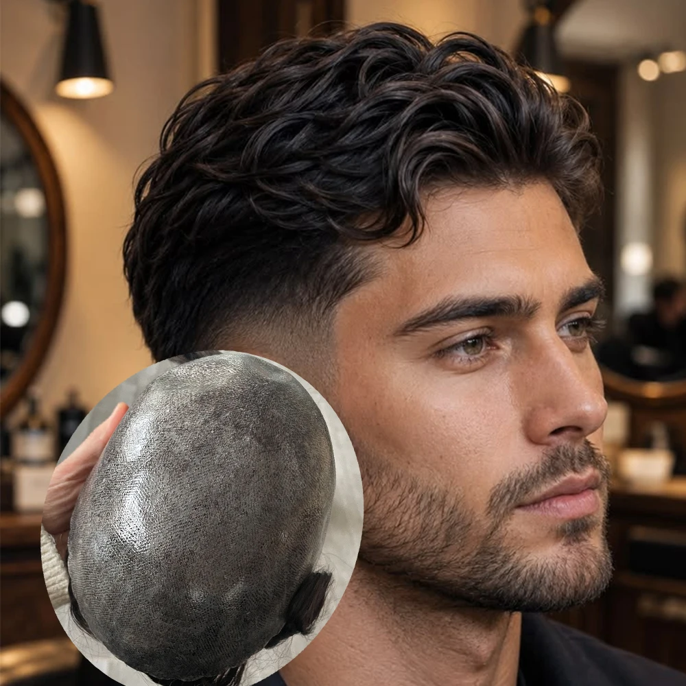 30MM Wavy Men Wigs Cheapest Durable 0.1mm Injection Skin Base Toupee Scallop Natural Hairline Black Brown Grey Human Hair System