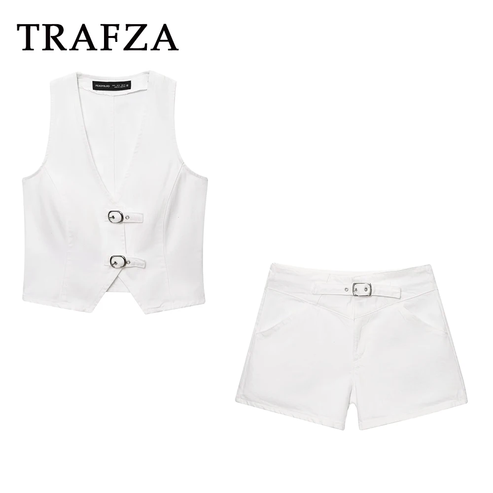 

TRAFZA Chic White Office Lady Women Suits Casual V-Neck Button Vest+Sash Mini Shorts Fashion 2025 Summer Streetwear Mujer Sets