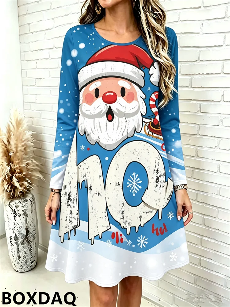 Women's Fashion Autumn/Winter Christmas Dresses 2027 Casual Round Neck Long Sleeve Fun Santa Claus Pattern Printed Loose Dress