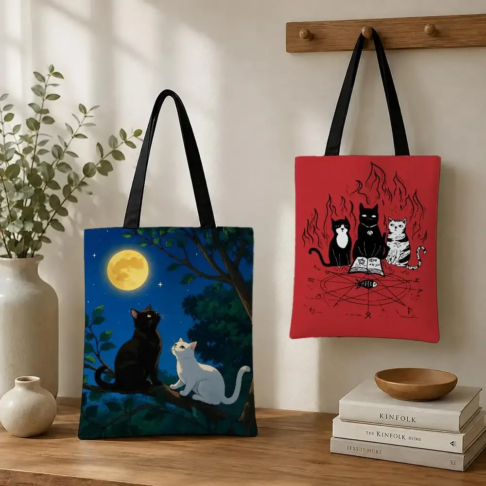 Wizard Cat Witch Black Cat Graphic Storage Bags Canvas tote bags reusable shopping bags perfect for work daily commutes