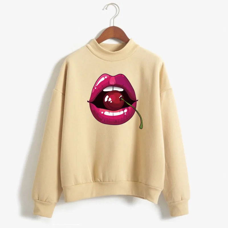 

Cherry Red Lips Print Women Sweatshirt Sweet Korean O-neck Knitted Pullover Thick Autumn Winter Candy Color Loose Lady Clothing