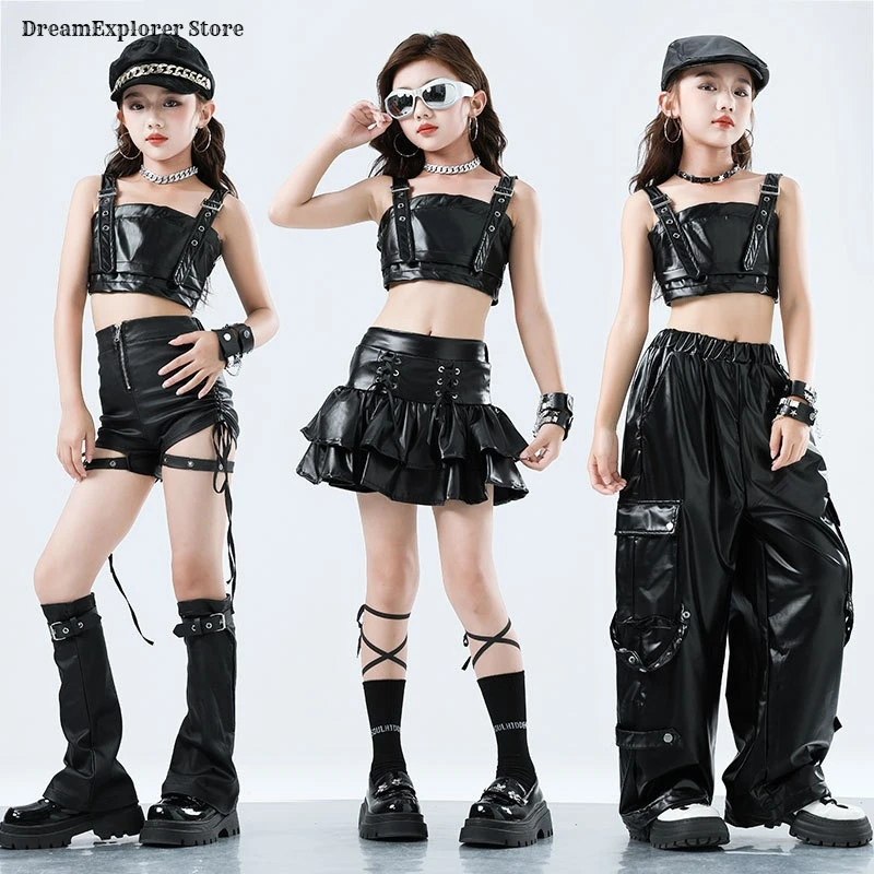 Girls Hip Hop Cool Shiny Crop Tank Top Skirts Dance Shorts Cargo Pants Kids Jazz Costumes Clothes Set Children K-pop Streetwear