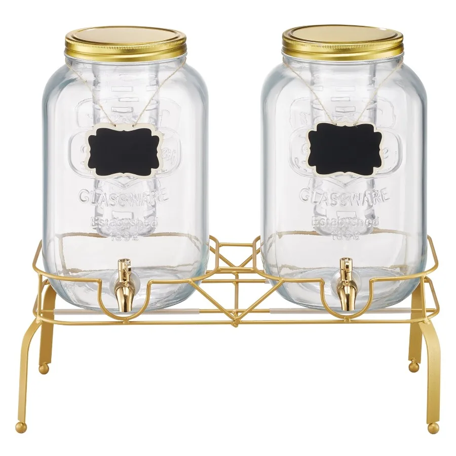 2 Pack 2-Gallon Glass Beverage Dispensers with Metal Stand, Stainless Steel Spigot Removable Infuser Clear, Elegant Serving Sol