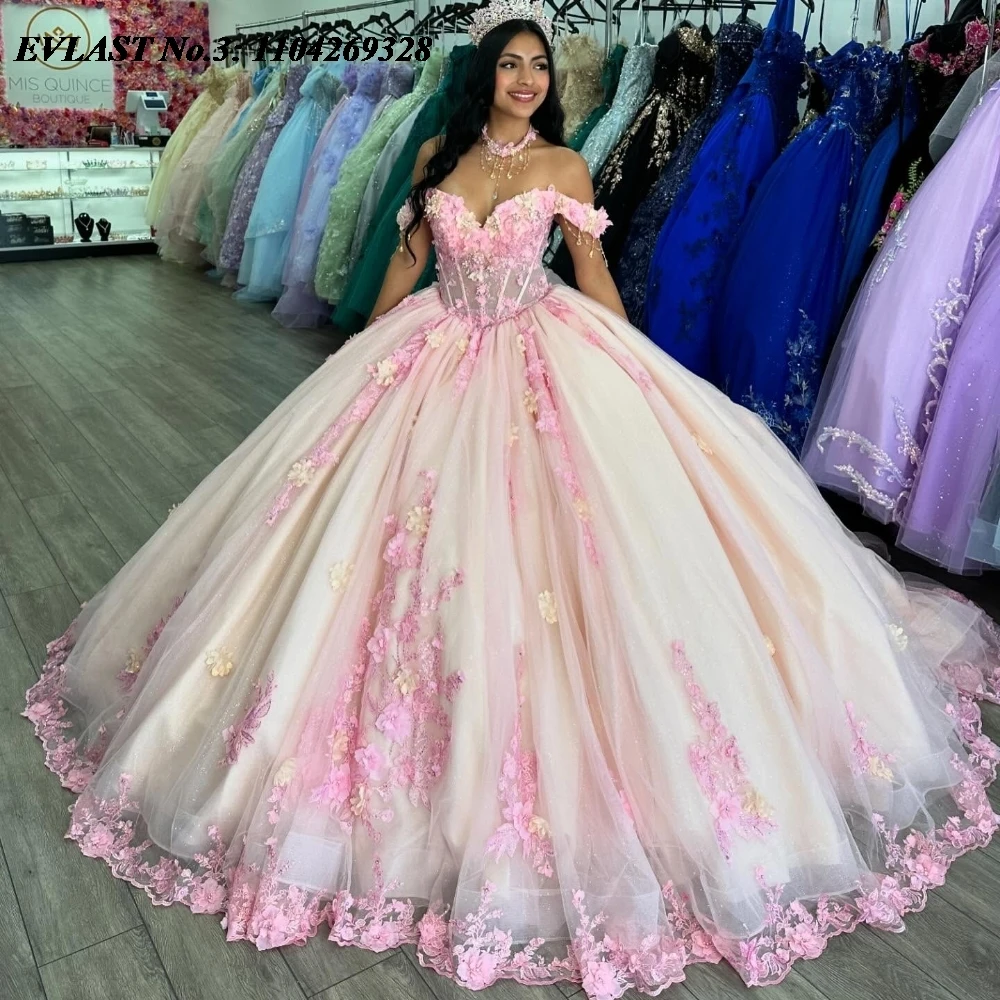 

EVLAST Customized Shiny Pink Floral Quinceanera Dress Ball Gown Applique Beaded Mexico Corset Sweet 16 Vestido De 15 Anos E3Q322