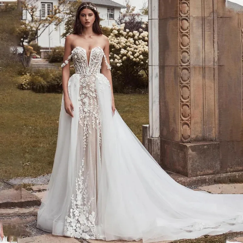 

Sexy V neck Full Lace Applique Mermaid Wedding Dresses Detachable Train 2 In 1 Custom Made Bridal Gowns Long Sleeve
