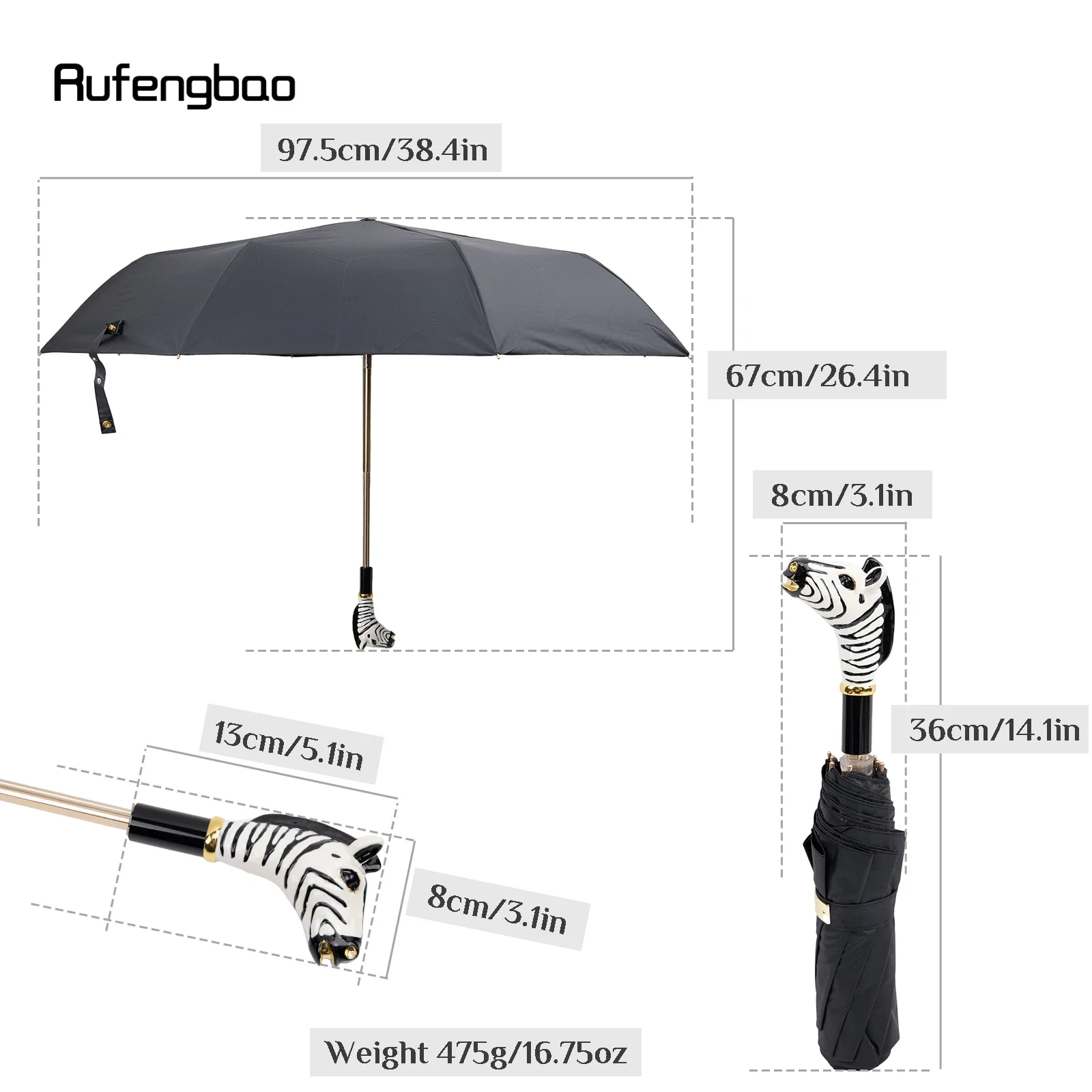 남녀공용 얼룩말 손잡이 우산, 자동 우산, 접이식 자외선 차단, 맑은 날 및 비 오는 날 방풍 우산