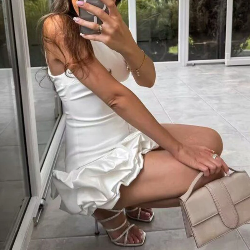 Simple Stylish Sleeveless Halter Short Dress Formal White Lady Tank Dresses Elegant Women Mini Bubble Skirt