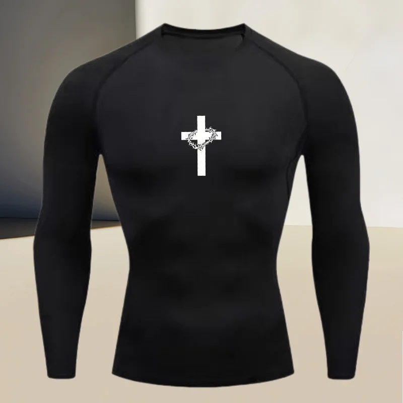 Men's long sleeved round neck thin sports tight fitting quick drying T-shirt, suitable for bodybuilding and physical training