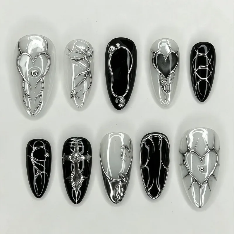 24PCS Dark Gothic Almond Press on False Nails with Metallic Silver Heart Patterns Nail Tips Sweet Cool Black French Fake Nails
