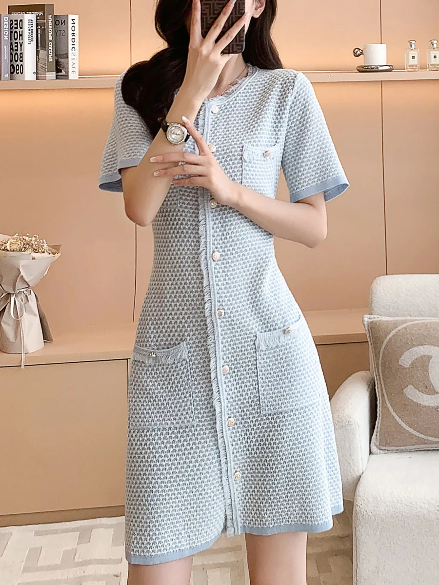 2024 Summer New Round Neck Short Sleeve Knitted Dress Y2K Fashion Elastic Slim Fit Multi Pocket Sweater Shirt Dresses High-end