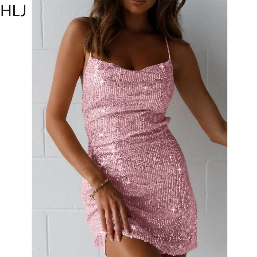 

HLJ Sexy Sequin Suspenders Mini Dress Women Thin Strap Backless Slim Party Club Vestidos Fashion Lady Sparkling Bodycon Clothing