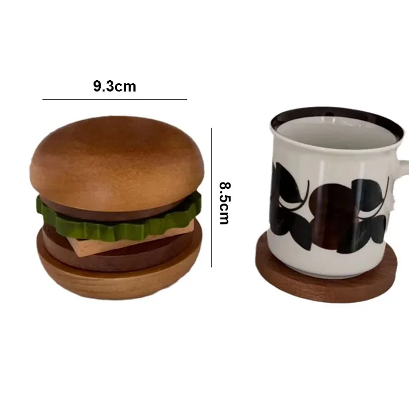 6PCS 6 In 1 Hamburg Shape Teacup Tray Solid Wood Coaster Table Cupcake Snack Dessert Pads Anti-slip Burger Insulation Cup Mat