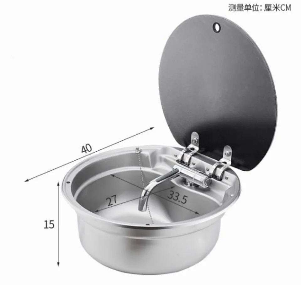304 Stainless Steel Round RV Sink With Folding Faucet And Tempered Glass Lid For Camper Boat Caravan Galley Kitchen