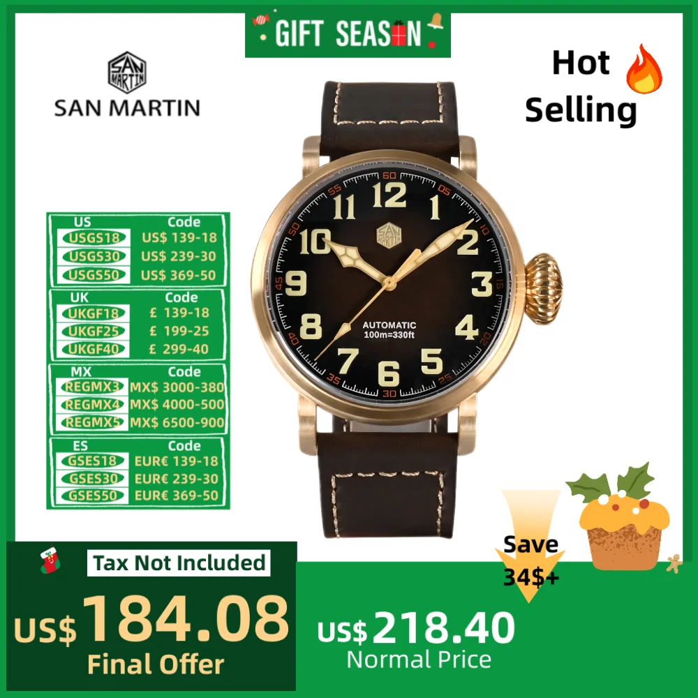 San Martin 40/45mm Bronze Mechanical Wristwatch Men Automatic Watch Pilot YN55A 10Bar Luminous Sapphire Classic Luxury SN0095