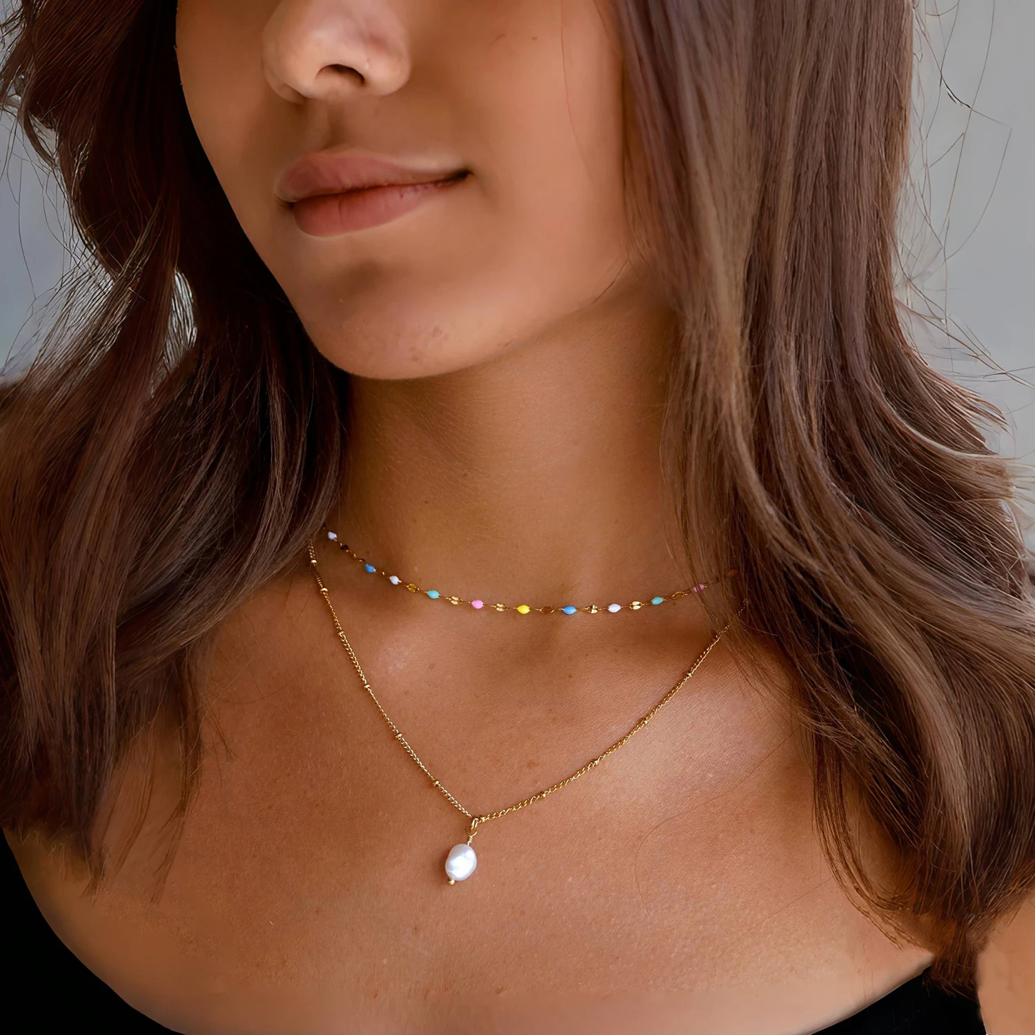 UHBINYCA Double-layer Layered Necklace for Women, Stainless Steel Chain Pearl Charm Pendant Necklace for Daily Jewelry