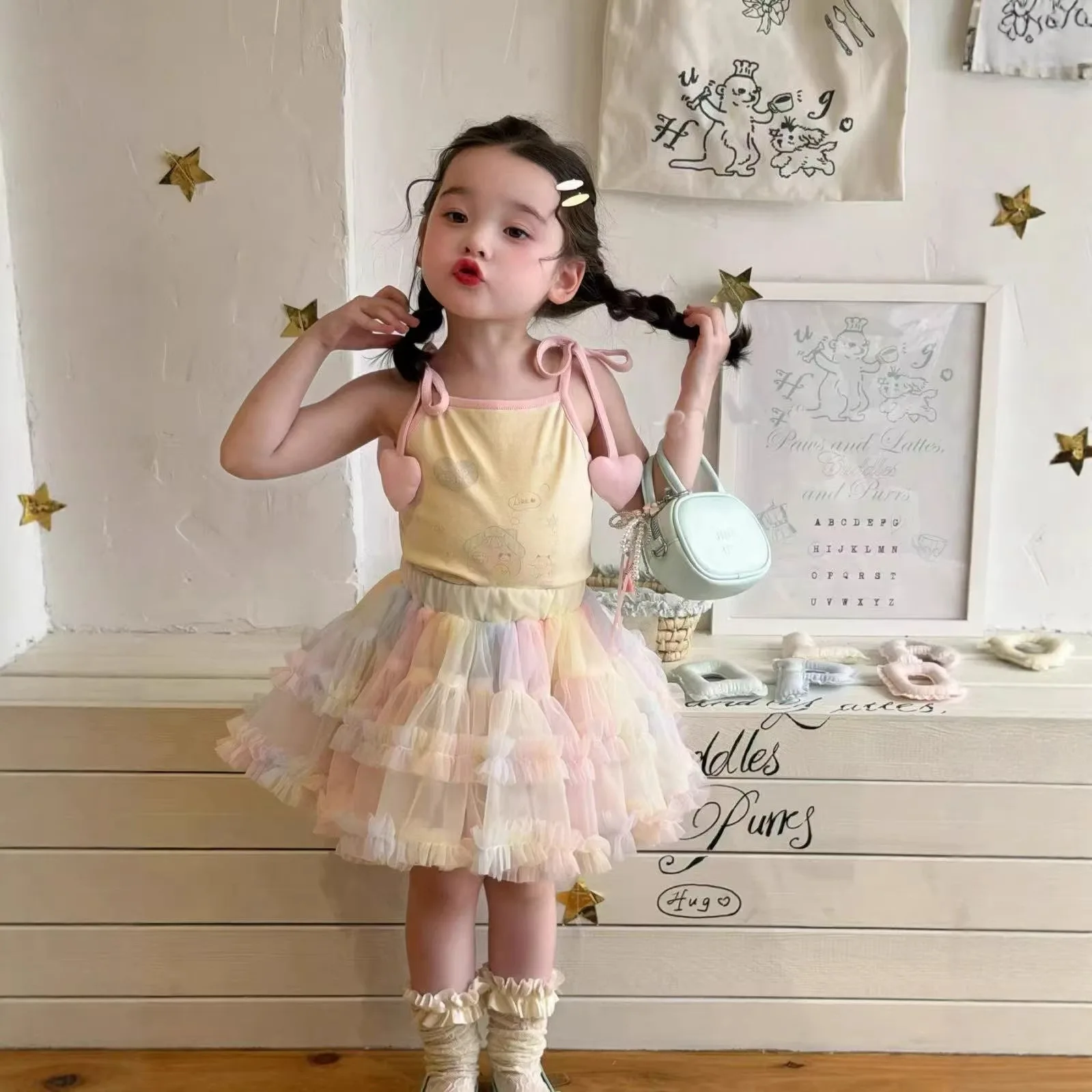 

Children's Clothing 2026 Summer New Girls Children Peach Heart Cartoon Suspender Rainbow Convex Gauze Skirt Skirt