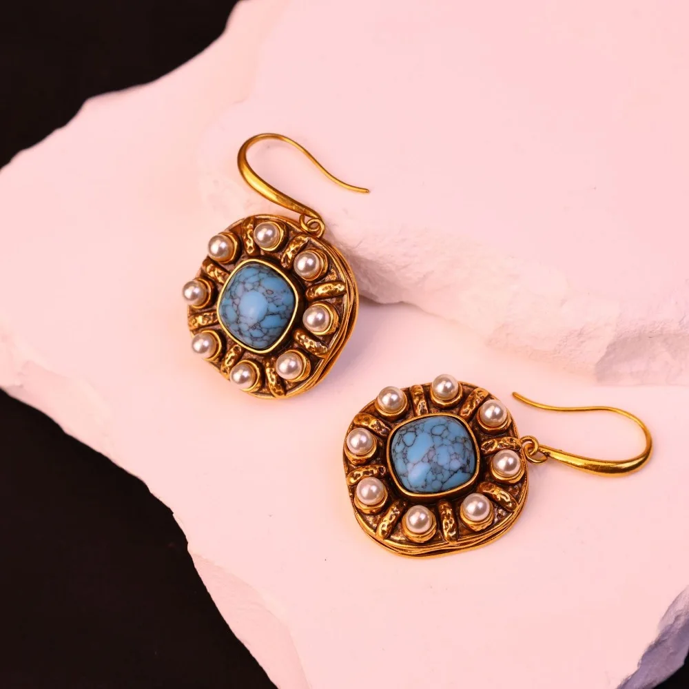 جديد القرون الوسطى خمر مطعمة الزجاج اللؤلؤ ساحة الفيروز استرخى أقراط ، الرجعية الكلاسيكية المؤنث وأنيقة صيد السمك أقراط #5