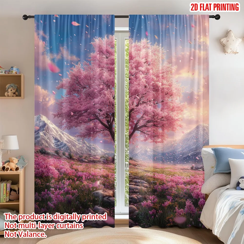 

2D flat printing 2pcs Curtain Curtains Spring Blossom Landscape Digital Printed Polyester Drapes Family Party Use for Living