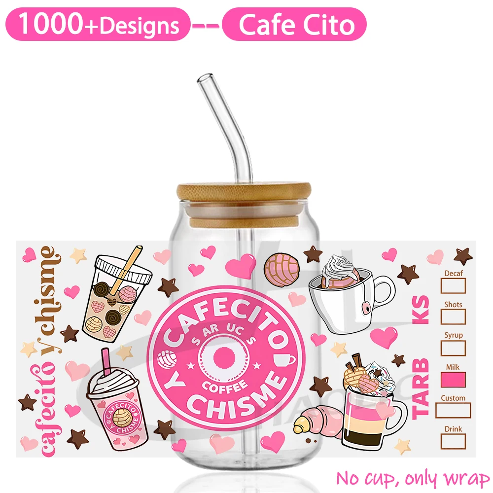 Cafecito Y Chisme 16 oz Libbey Glass Can UV DTF Wrap Mexican Conchas Hearts Pan Dulce Jar Full Cup Wrap Mouse Cafecito