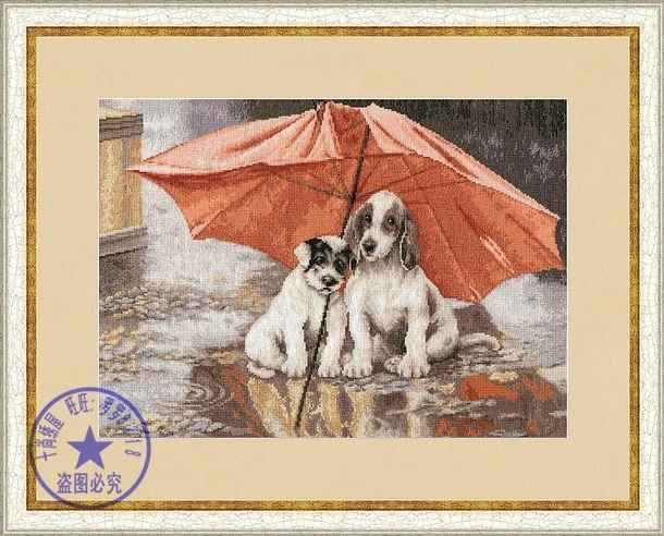 

14/16/18/22/25/28CT Free delivery counted cross stitch kit umbrella dog, two dogs under the umbrella raining