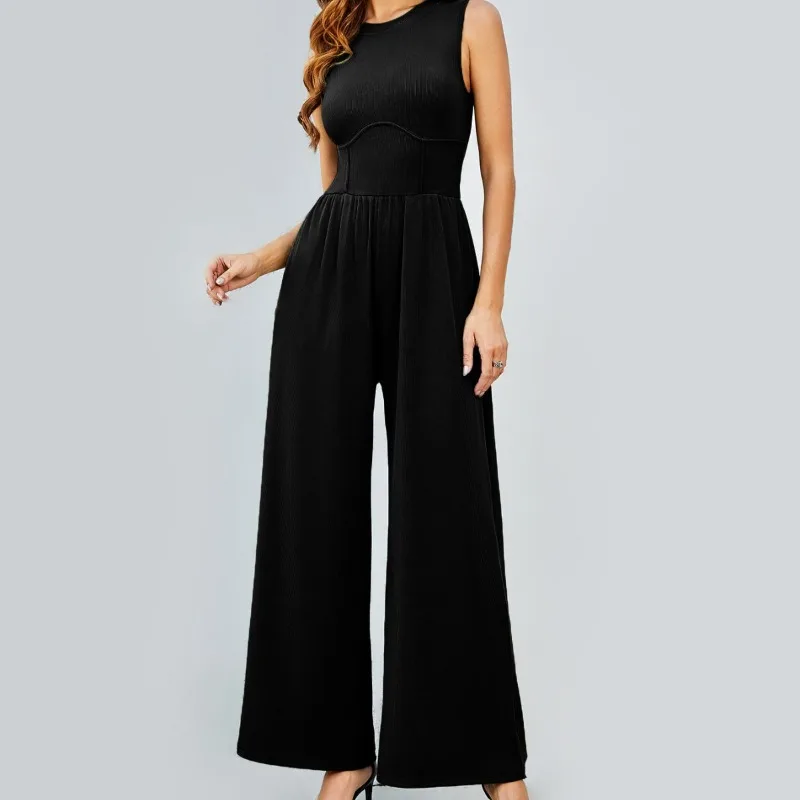 2024 Summer Women\'s Round Neck High Waist Slim Casual Wide Leg Jumpsuit Temperament Commuting Female Fashion Long Tank Jumpsuits