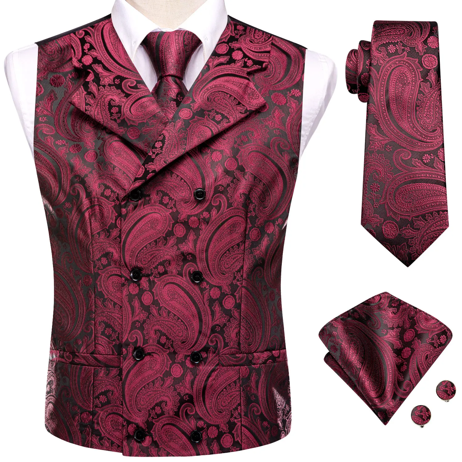 Hi-Tie Dark Red Men's Vests Silk Paisley Jacquard Waistcoat Jacket NeckTie Hanky Cufflinks for Men Business Party Designer Gifts