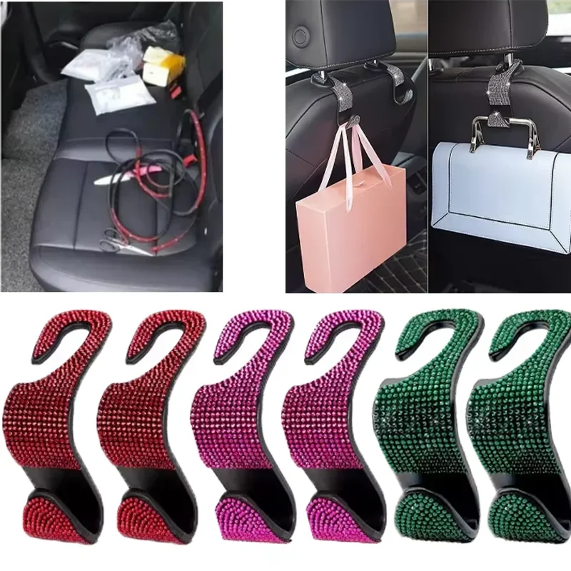 2Pcs Diamond Inlay Car Seat Back Hook Fashion Creative Multifunctional Storage Headrest Hooks Automotive Interior Accessories