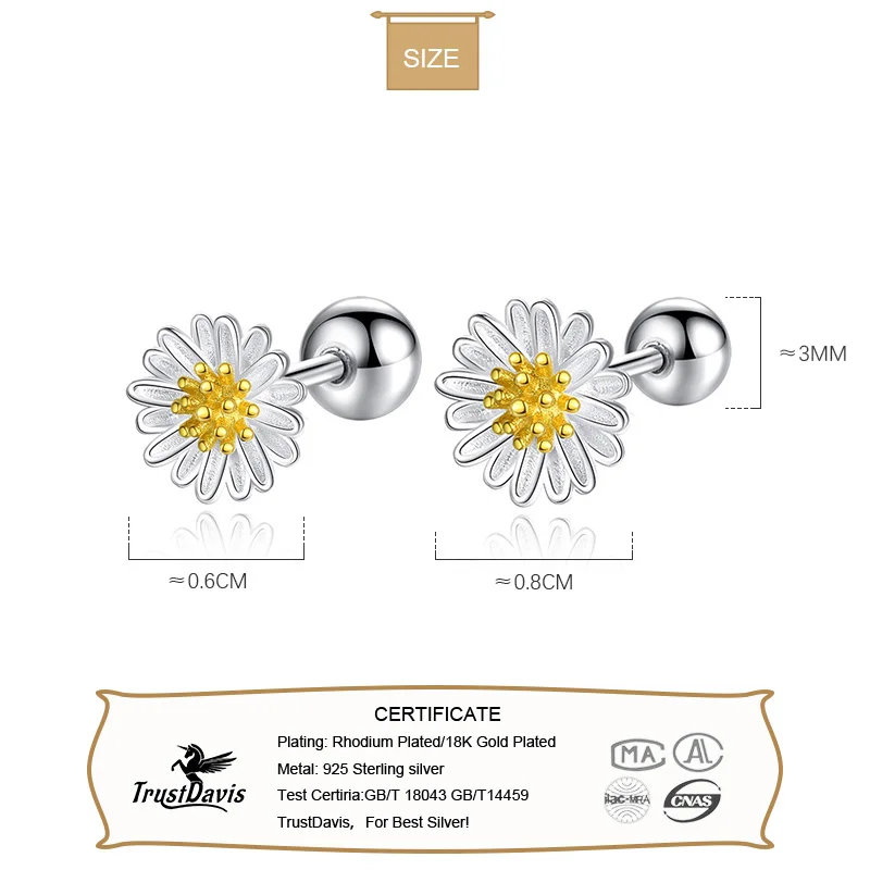 TrustDavis Authentic 925 Sterling Silver Small Flower Daisy Stud Earrings for Women Girls Kids Birthday Gift  Jewelry DS3574