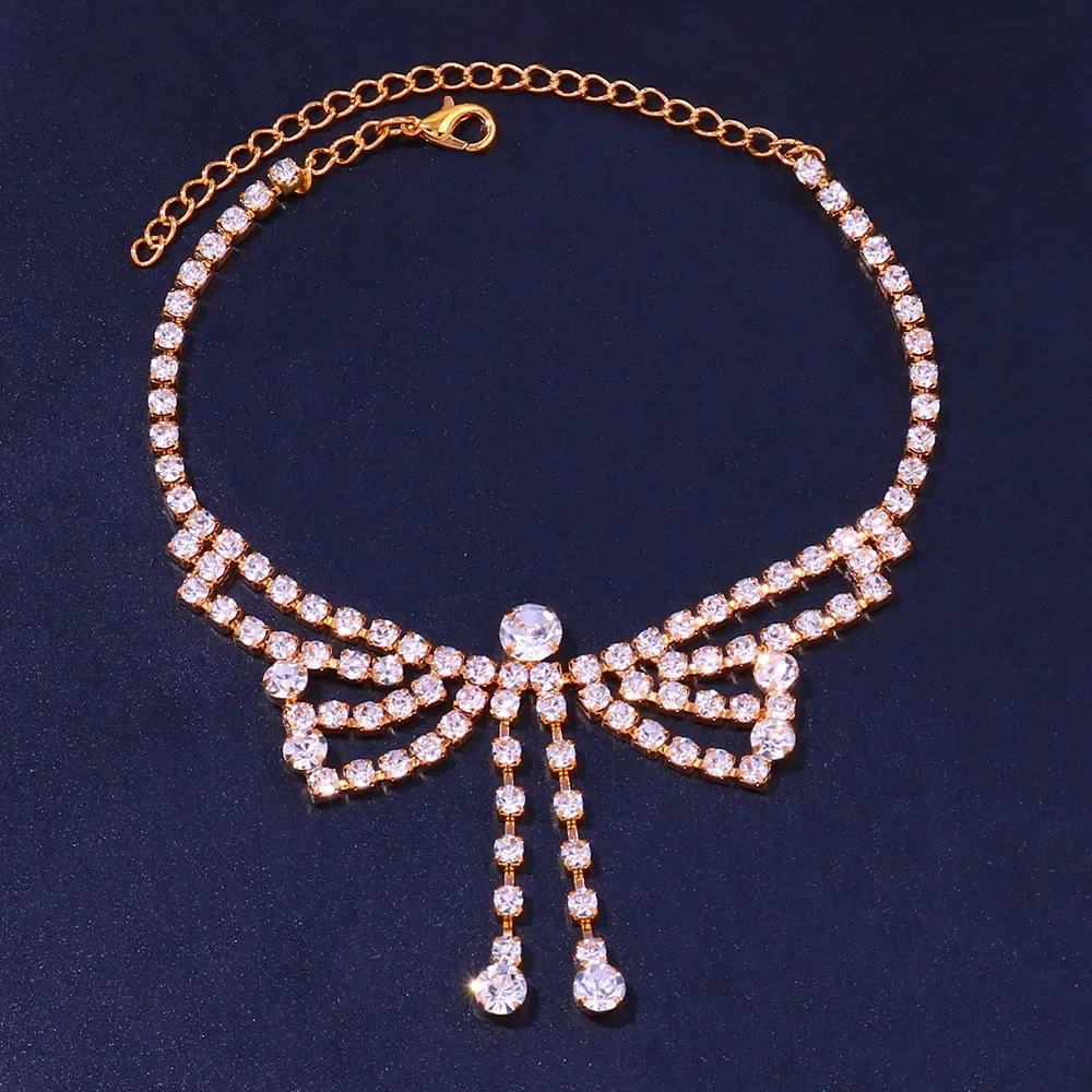Fashion Bow Tie Rhinestone  Anklet Bracelets for Women Crystal Charm High Heels Accessories Anklet Sandal Barefoot Foot Jewelry