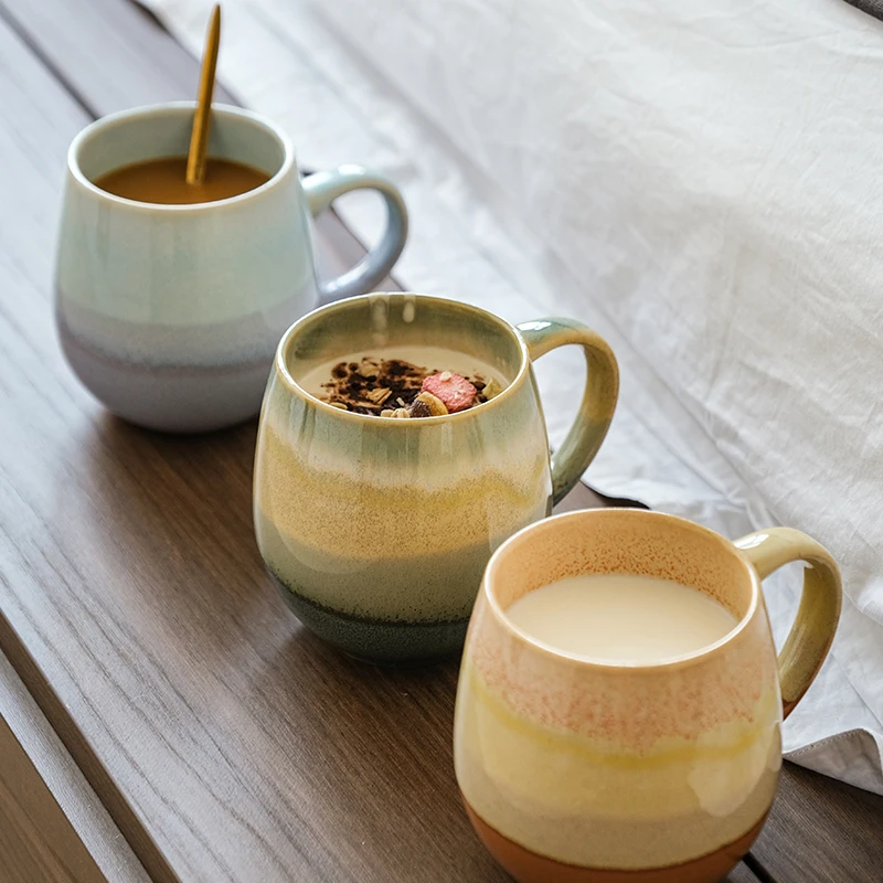 520ml Simple Gradient Color Mug Office Ceramic Coffee Milk Handle Mug Embossed Couple Drinking Oats Cup Water Juice Teacup