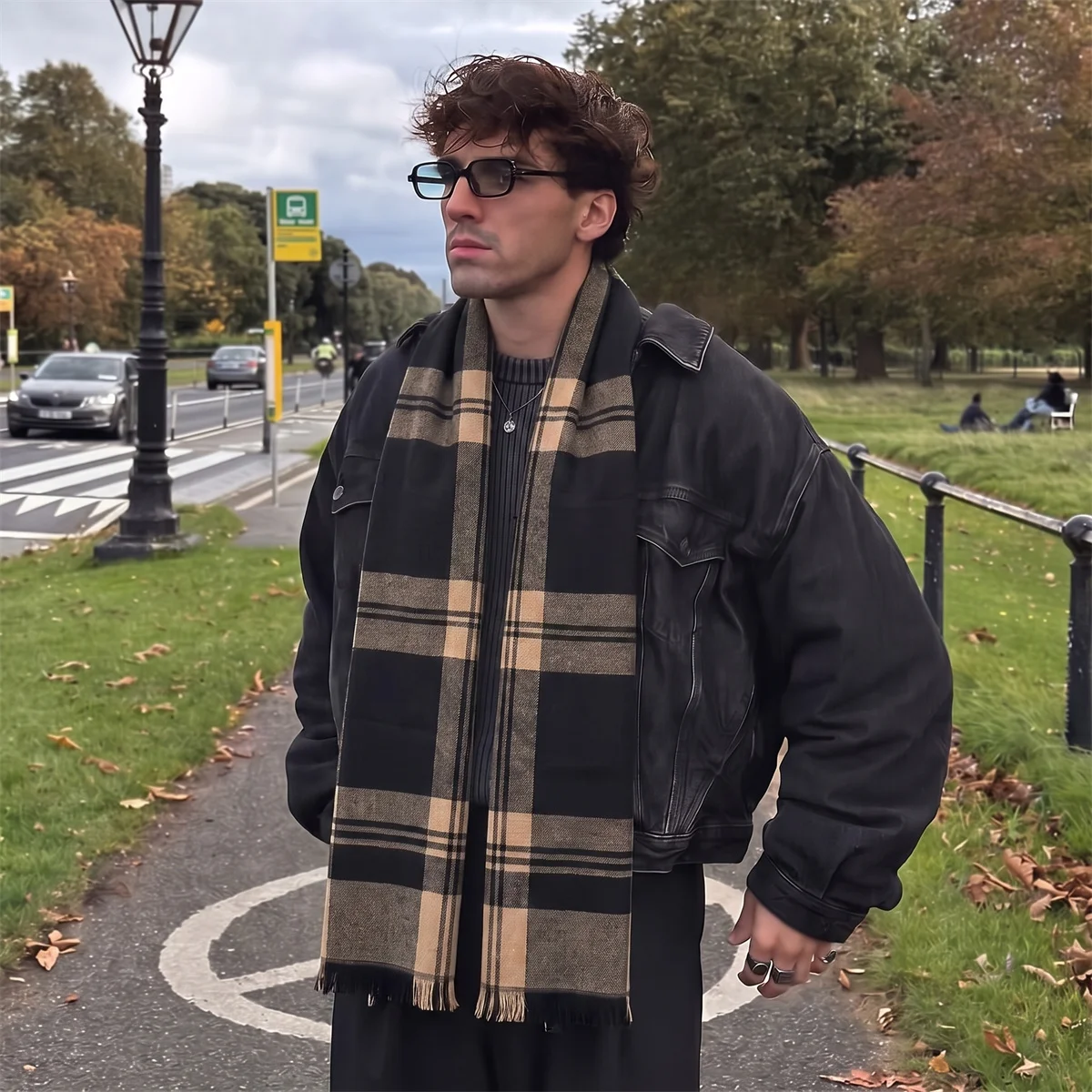 Men Classic Plaid Scarf Autumn Warm Polyester-cotton Blend Tassel Scarves Business Shawl Wrap Soft Male for Daily Wear and Gift