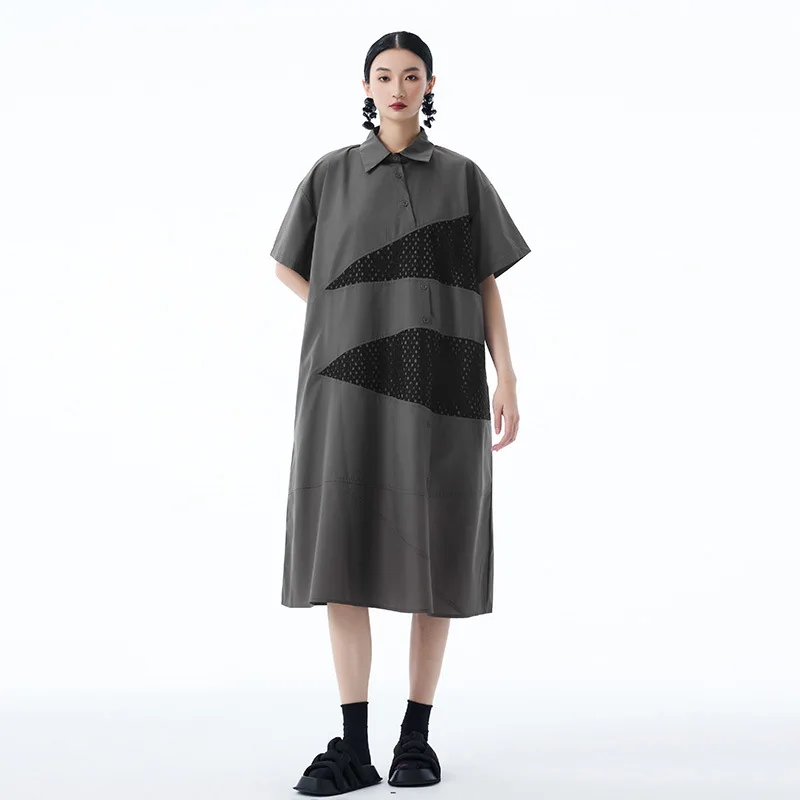 Simple retro short sleeved shirt dress, spliced grid plus size long skirt, summer temperament casual loose A-line skirt 2025 new