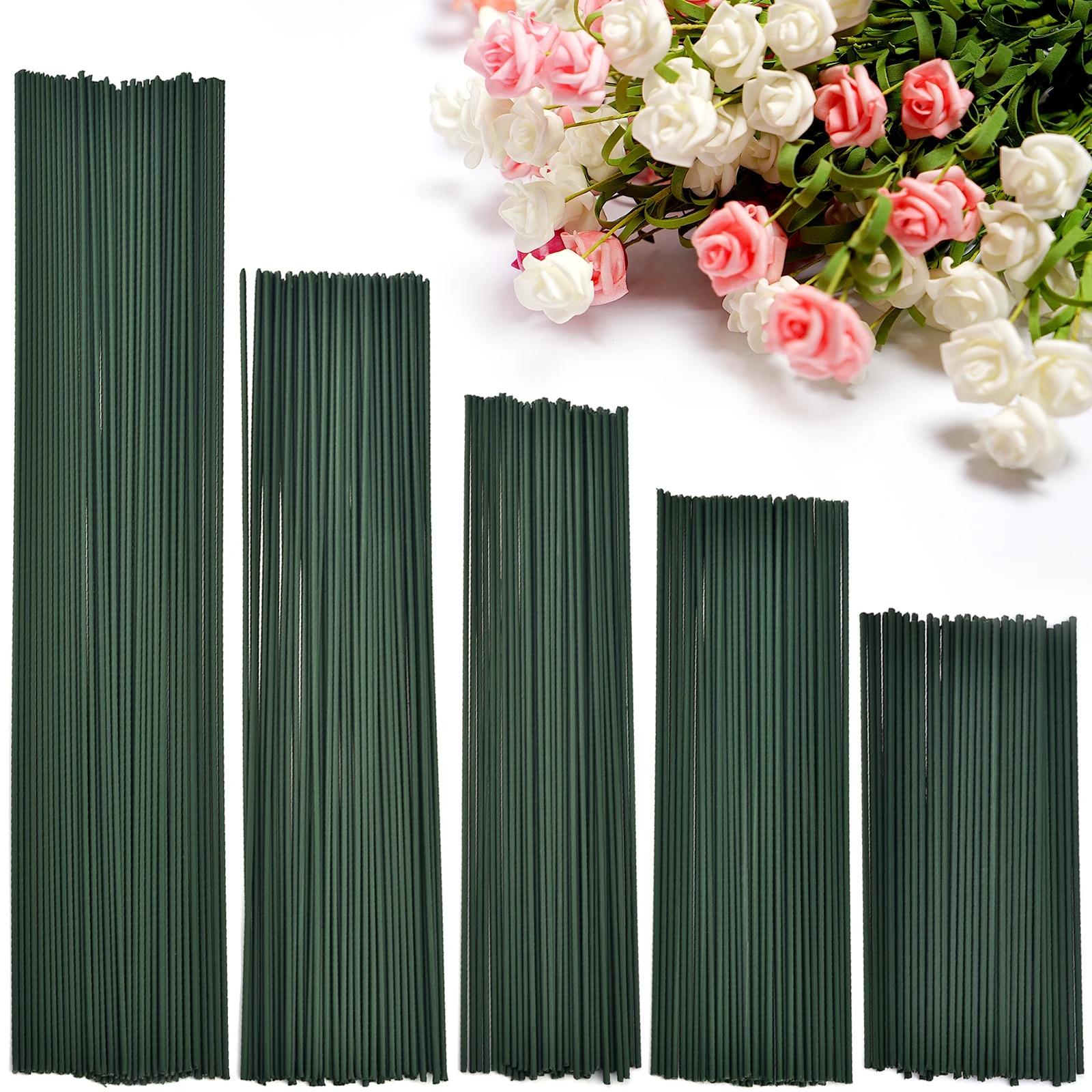 Green Flower Stem Sticks 50pcs 15-40cm DIY Floral Material Handmade Wire Stem Tape Self-adhesive Bouquet Floral Stem