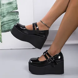 Comemore New Sweet Lolita Style Gothic Cosplay Black Pink Cozy Wedges Mary Jane High Heels Pumps Platform Shoes Woman Black Pink
