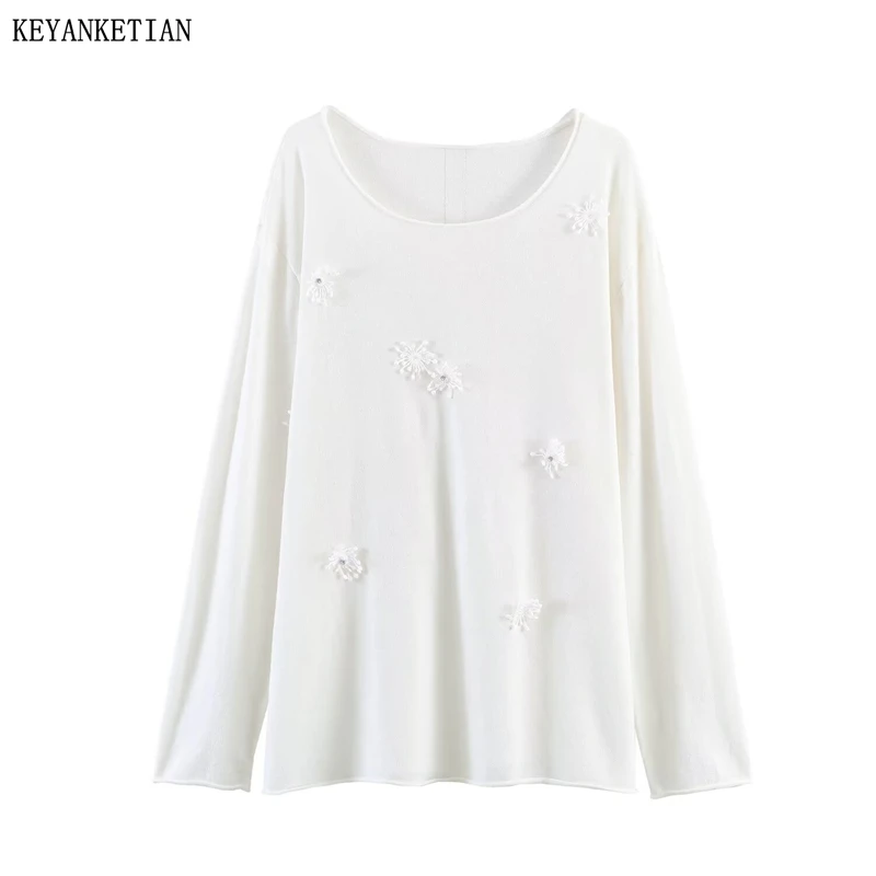 

KEYANKETIAN 2026 New French Style Crochet Knit Pullover Top Women White U-Neck Long Sleeve Hollow Out Lace Trim Knitted Sweater