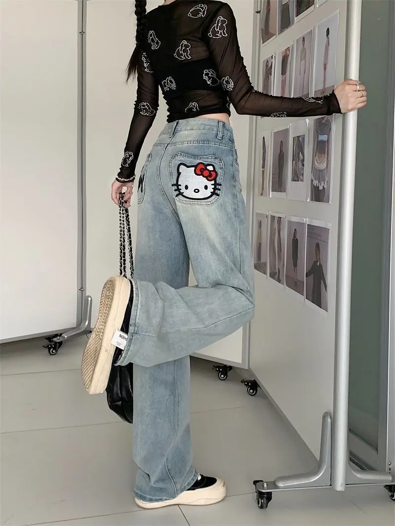 New Hello Kitty Plush Jeans Women's Winter China-Chic Style Embroidery Loose Skinny Straight Leg Denim Pants Clothes