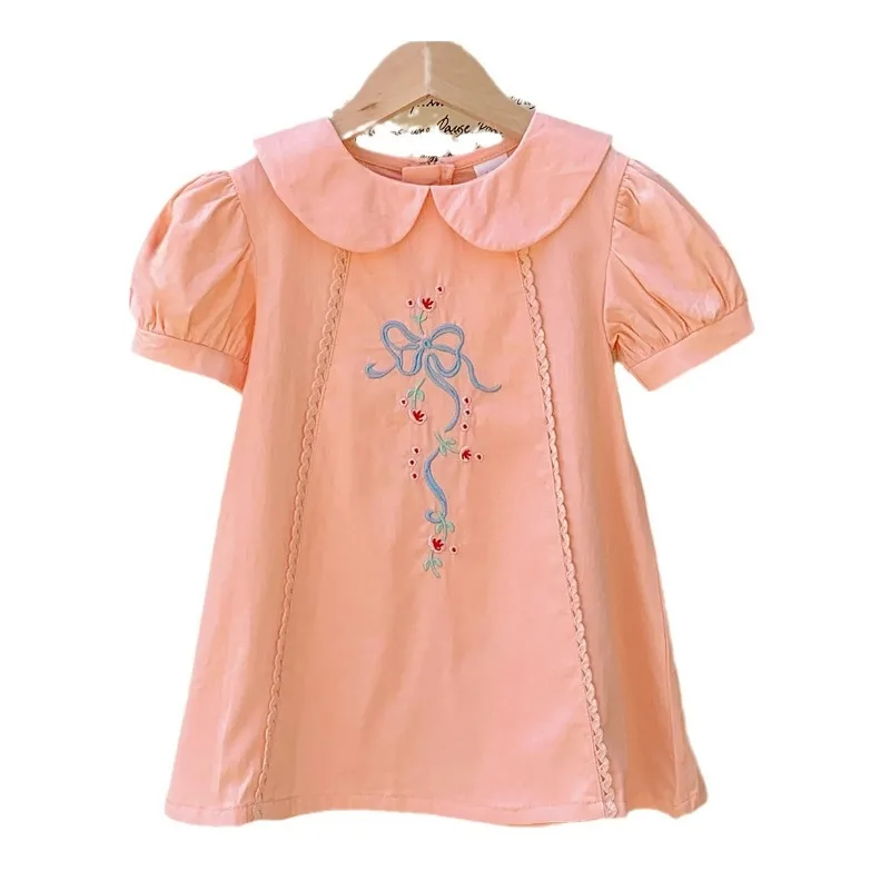 French Embroidered Doll Neck Girls' Dress 2024 Summer Children's Wear Bubble Short Sleeves Sweet Children's Princess Dress