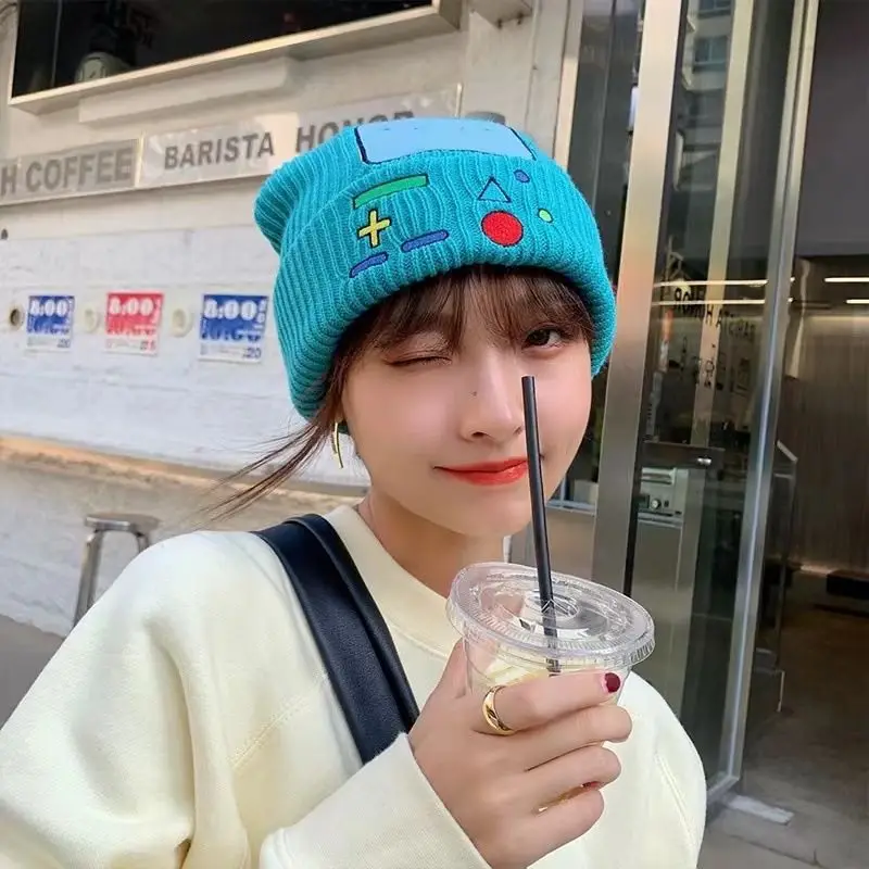 Green Smiley Face Printed Woolen Hat, Winter Hip-hop Pullover Warm Hat, Sweet Knitted Hat