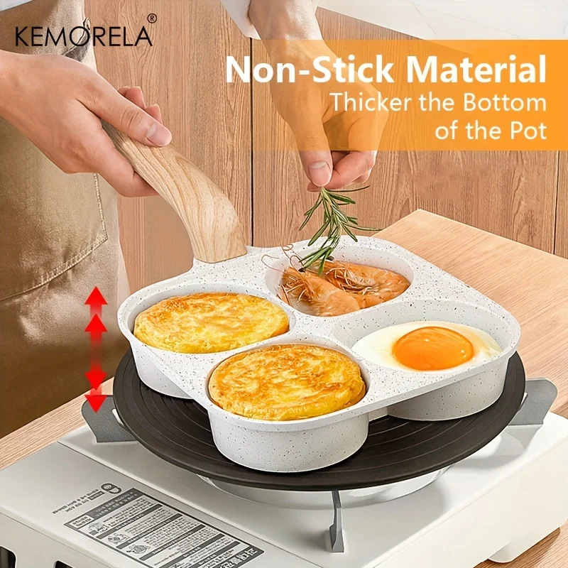 KEMORELA Medical Stone 4 Holes Egg & Hamburger Frying Pan Non-Stick Egg Pancake Pot With Wooden Handle For Induction Gas Stove