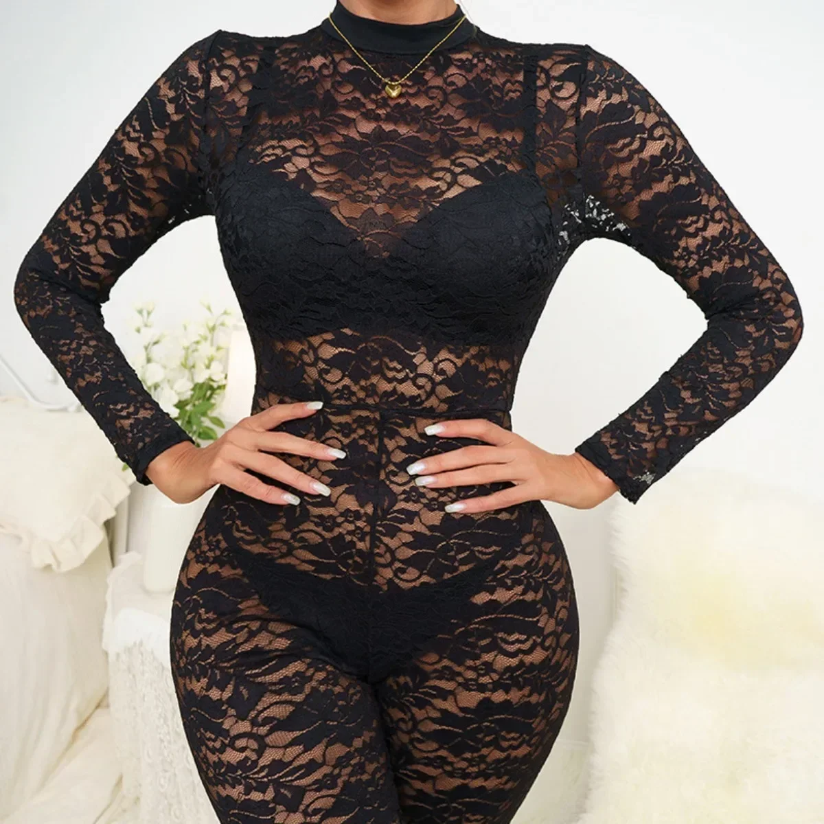 Summer Black Sexy Nightclub Mesh Jumpsuits Elegant Women\'s Overalls Lace Bodysuit Full Length Jumpstyle Pants One Piece Female