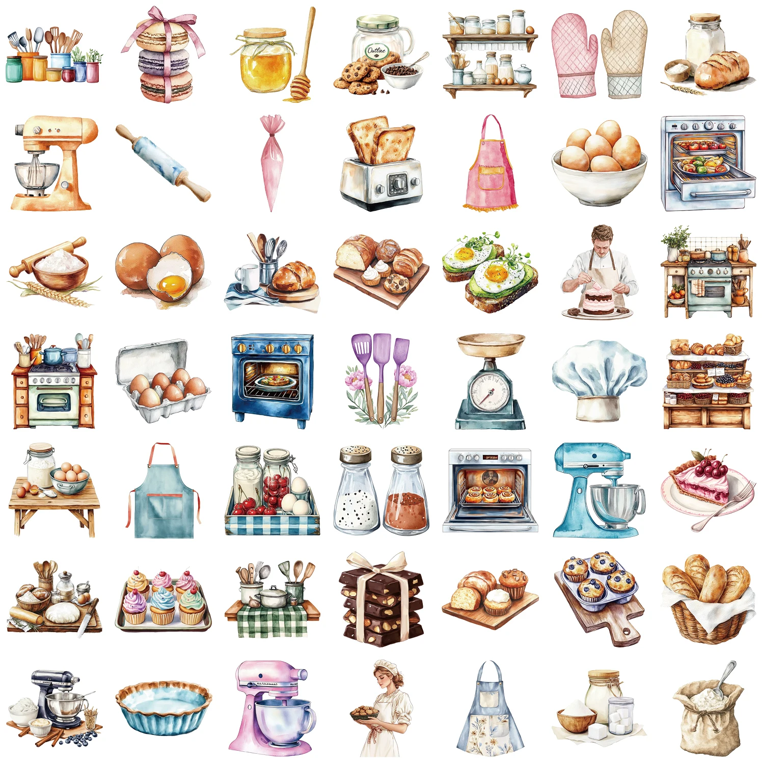50pcs Baking Theme Stickers Bread Dessert Doodle Transparent Waterproof Cell Phone Laptop Cup Luggage Decoration Stickers
