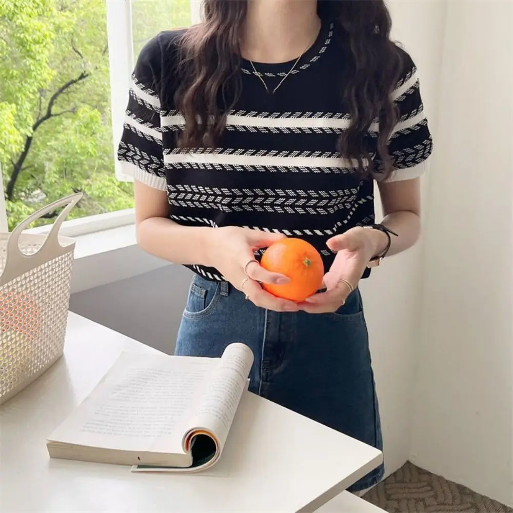 مريحة Ins قصيرة الأكمام المحاصيل الأعلى فضفاضة الملابس النسائية شريط محبوك تي شيرت قاع قميص الصيف تريكو النساء الإناث #3