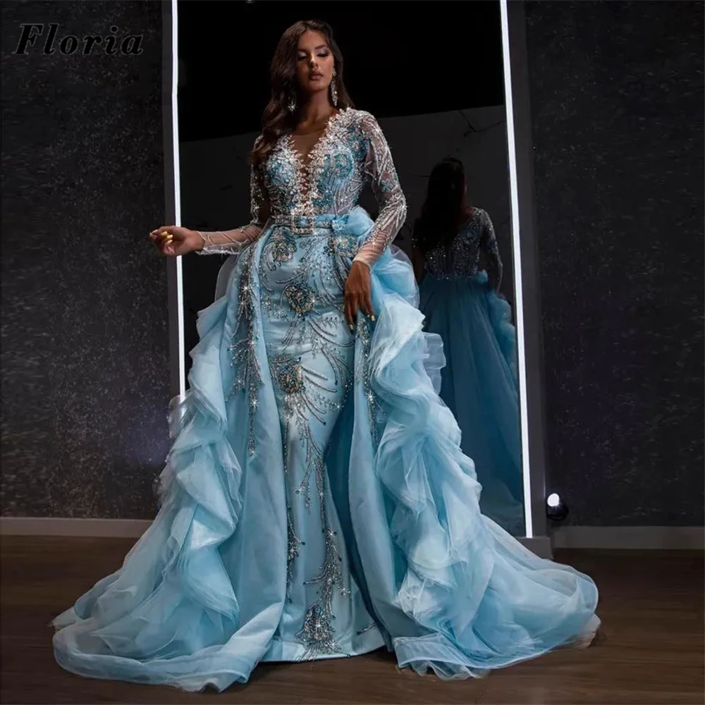 Floria Arabic African Blue Beaded Evening Dresses Vestidos Two Pieces Rhinestone Red Carpet Pageant Dress Party Gowns For Prom