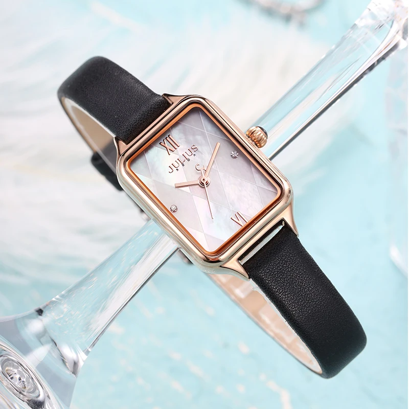 Small Elegant Rectangle Women\'s Watch Japan Mov\'t Lady Hours Fine Fashion Real Leather Bracelet Girl\'s Gift Julius Box