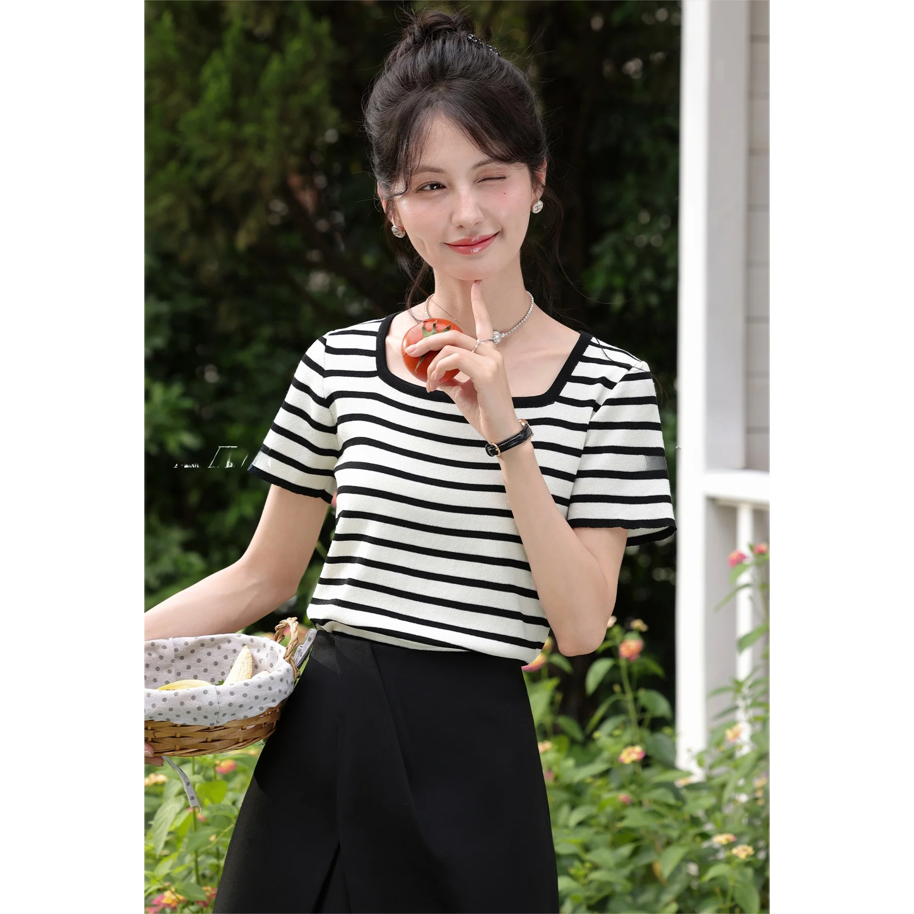 

Commute Sle Women's ort Sve Knitted Sweater Bla White Stripes Faion Simple Design Morning Fre New Summer Top