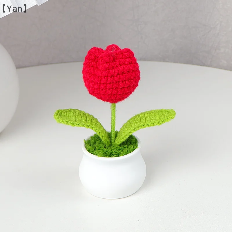 Artificial Flower Handwoven Mini Potted Flower Rose Office Desktop Ornamental Potted Plants Woolen Thread Home Decoration