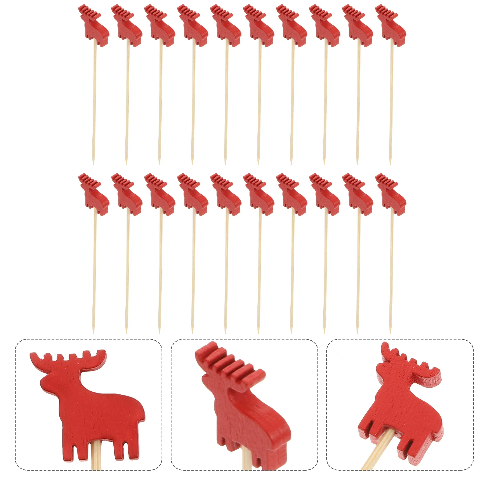 

100pcs Christmas Bamboo Food Picks Cocktail Sticks Disposable Fruit Picks Red Color Elk Design Smooth Surface For Desserts Xmas