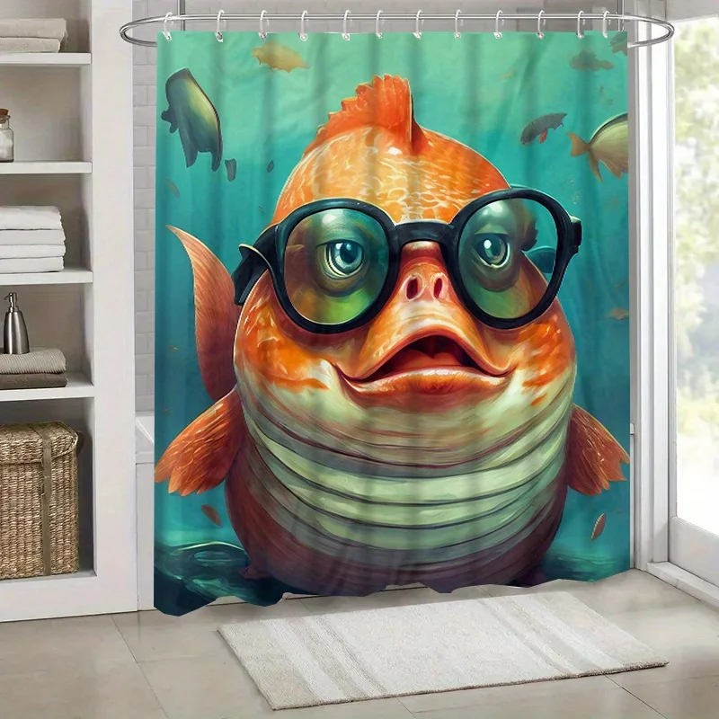 One Adorable Shower Curtain Featuring A, Chubby Fish Design, Complete with Hooks, Suitable for Bathroom Separation, Bathroom Dec